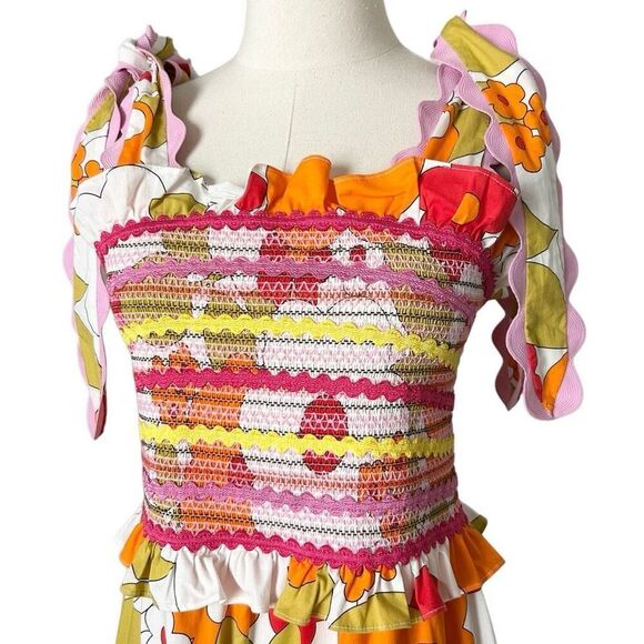 CeliaB Floral Sunstone Midi Dress Size Large Colorful Tie Straps Tiered - Picture 2 of 7